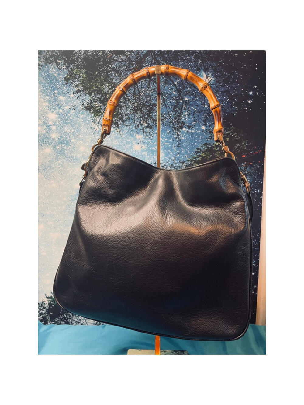 Women's Gucci Black Leather Bamboo Handle Shoulder Bag Purse Excel Cond - Picture 2 of 9